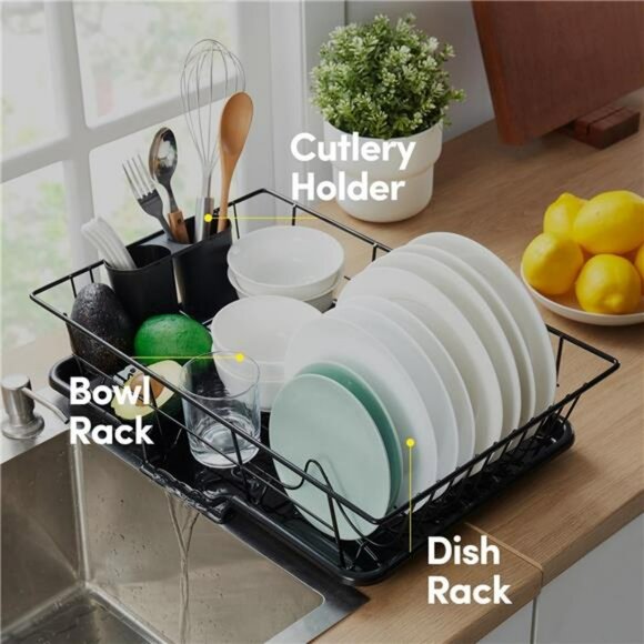 Black 3 Piece Dish Drying Rack Set with Cutlery Holder Drip Tray for Kitchen - Picture 5 of 7